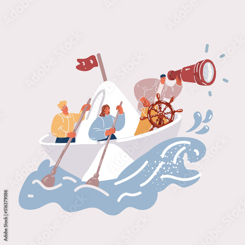 Businessman Leader looking through a telescope by two business people stands with a paddle floating on a paper boat on the sea. illustration Vector