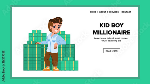 kid boy millionaire vector. rich child, cash success, bonus wealth kid boy millionaire web flat cartoon illustration