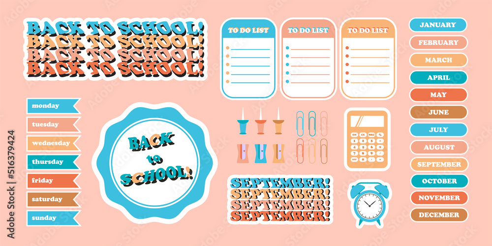 Mega set Back to school Set of items for notepad, planner or day planner. Bullet journal vector illustration for diary decoration. To-do list, bookmarks, frames, stickers, days of the week, numbers. Mega set Back to school Set of items for notepad, planner or day planner. Bullet journal vector illustration for diary decoration. To-do list, bookmarks, frames, stickers, days of the week, numbers.