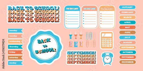 Mega set Back to school Set of items for notepad, planner or day planner. Bullet journal vector illustration for diary decoration. To-do list, bookmarks, frames, stickers, days of the week, numbers.