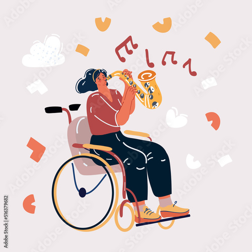 Asian special child on wheelchair is playing ukulele happily on the playground, nature background, Life in the education age of disabled children, Happy disabled kid concept.