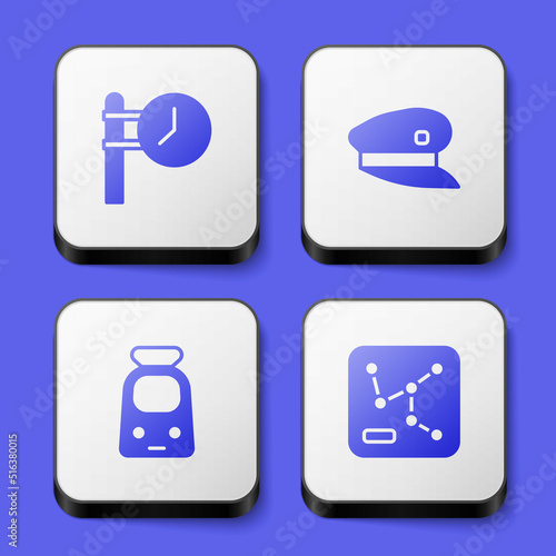 Set Train station clock, driver hat, and railway and Railway map icon. White square button. Vector