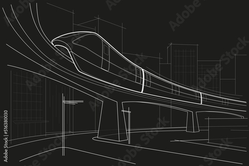 Linear abstract architectural sketch city street with monorail on black background photo