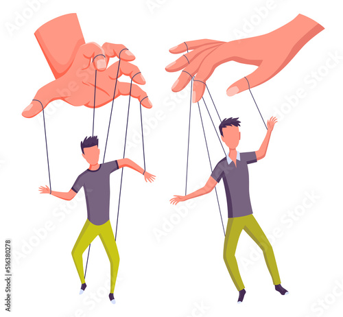Puppeteer hands controlling puppets, manipulator concept. Worker being controlled by puppet master. Manipulates peopl like a puppets. Employer domination exploitation or authority manipulator