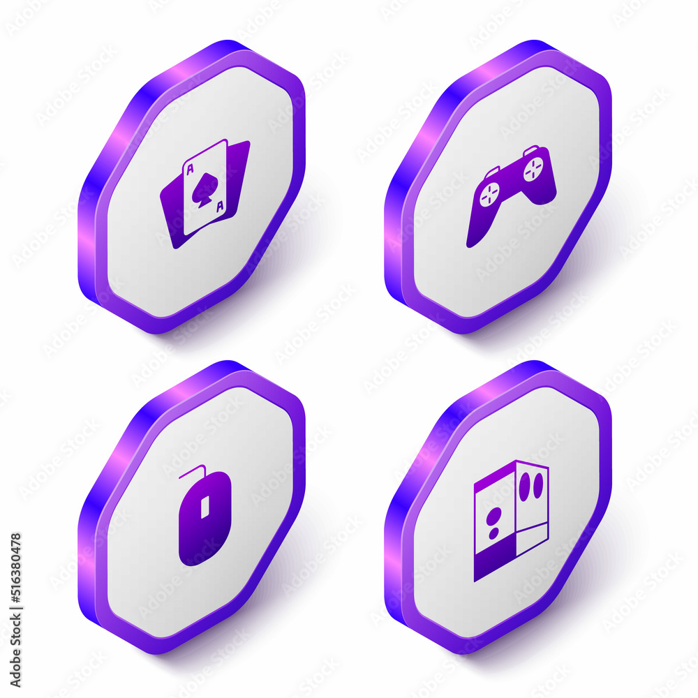 Set Isometric Playing cards, Game controller or joystick, Computer mouse and Case of computer icon. Purple hexagon button. Vector Set Isometric Playing cards, Game controller or joystick, Computer mouse and Case of computer icon. Purple hexagon button. Vector