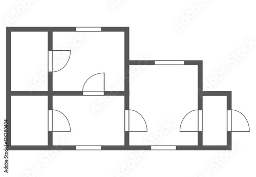 Apartment architectural plan. Black and white isolated condominium or house. Floor plan, interior design kitchen, bedrooms, living room, dining room and bathroom. Apartment without furniture top view