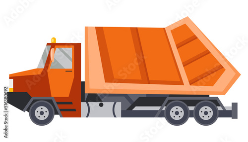 Garbage truck with auto loader. Collection and transportation of solid household and commercial waste. Garbage removal, urban sanitary vehicle. Garbage Ecology and recycle concept