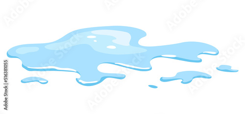 Water spill puddle. Blue liquid various shape in flat cartoon style. Vector fluid design element isolted on white background