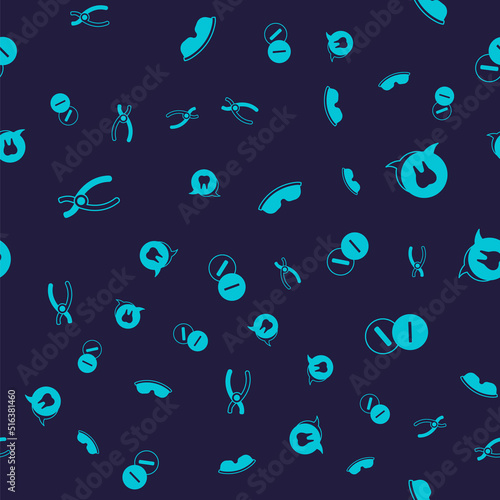 Set Dental pliers, Tooth, Safety goggle glasses and Toothache painkiller tablet on seamless pattern. Vector