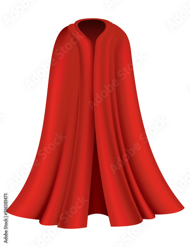 Superhero red cape. Scarlet fabric silk cloak in front view. Carnival masquerade dress, realistic costume design. Flying Mantle costume