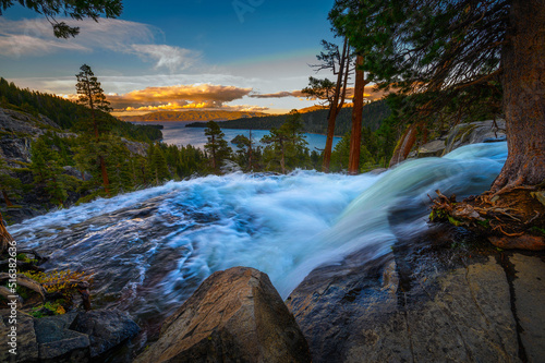 Sunset above Lower Eagle Falls and Emerald Bay, Lake Tahoe, California