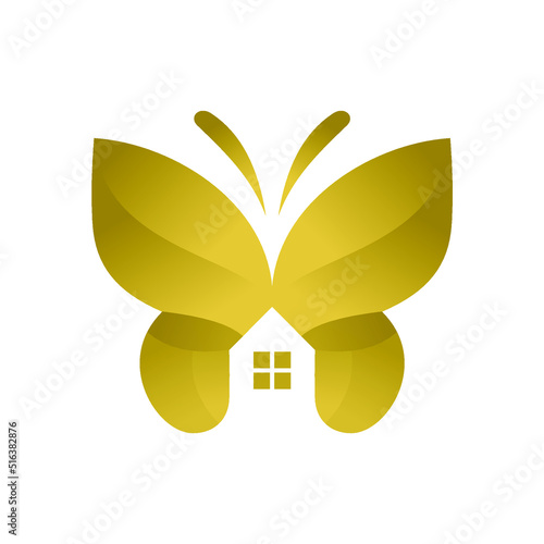 Vector design of a golden butterfly with a house shape in the middle