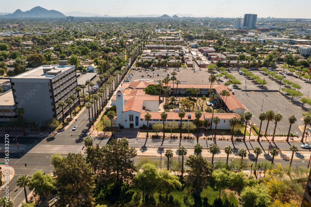 Aerial View Of Central United Methodist Church With Traffic In Foreground In Phoenix, Arizona
