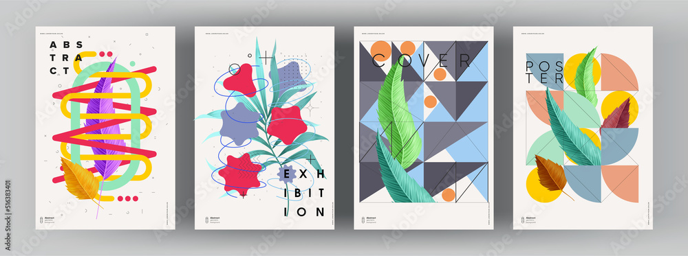 Abstract posters. Botanical banner with geometric shapes, leaves, branch and plants. Set of vector illustrations. Modern painting for interior.