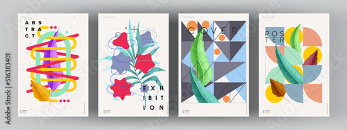 Abstract posters. Botanical banner with geometric shapes, leaves, branch and plants. Set of vector illustrations. Modern painting for interior.