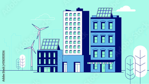 Vector of buildings and windmills against a blue background