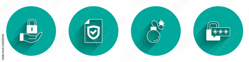 Set Lock, Contract with shield, Bomb and Cyber security icon with long shadow. Vector Set Lock, Contract with shield, Bomb and Cyber security icon with long shadow. Vector