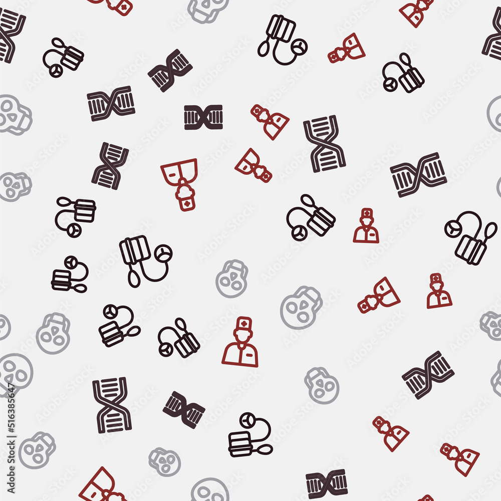 Set line Blood pressure, DNA symbol, Skull and Male doctor on seamless pattern. Vector Set line Blood pressure, DNA symbol, Skull and Male doctor on seamless pattern. Vector