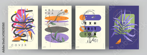 Abstract posters. Botanical banner with geometric shapes, leaves, branch and plants. Set of vector illustrations. Modern painting for interior.