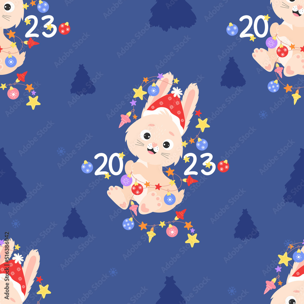 2023 Year of the Rabbit. Seamless pattern with symbol of year cute bunny character with garland on blue background with trees. Vector illustration. Chinese new year 2023 Zodiac sign Rabbit. 2023 Year of the Rabbit. Seamless pattern with symbol of year cute bunny character with garland on blue background with trees. Vector illustration. Chinese new year 2023 Zodiac sign Rabbit.