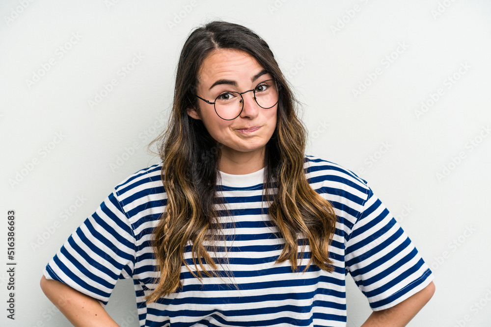 Young caucasian woman isolated on white background confused, feels doubtful and unsure. Young caucasian woman isolated on white background confused, feels doubtful and unsure.