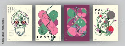 Abstract posters. Botanical banner with geometric shapes, leaves, branch and plants. Set of vector illustrations. Modern painting for interior.