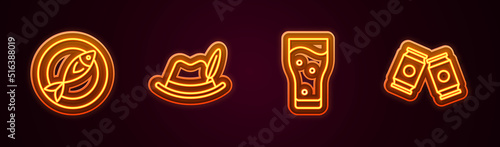 Set line Dried fish, Oktoberfest hat, Glass of beer and Beer can. Glowing neon icon. Vector
