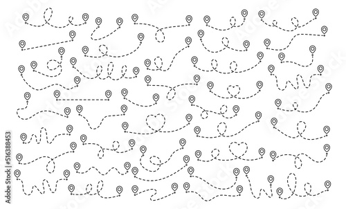 Pin map dotted line route set. Navigation pointers spotted lines elements collection. Vector illustration isolated on white.