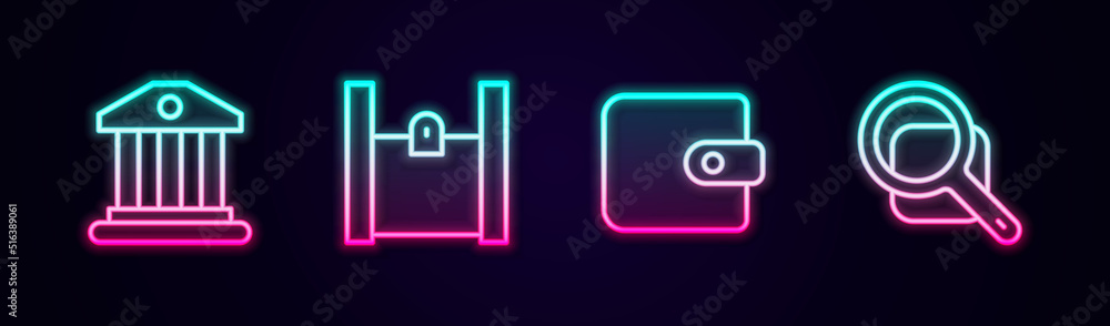 Set line Bank building, Paper shopping bag, Wallet and Magnifying glass. Glowing neon icon. Vector Set line Bank building, Paper shopping bag, Wallet and Magnifying glass. Glowing neon icon. Vector