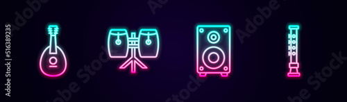 Set line Mandolin, Conga drums, Stereo speaker and Flute. Glowing neon icon. Vector