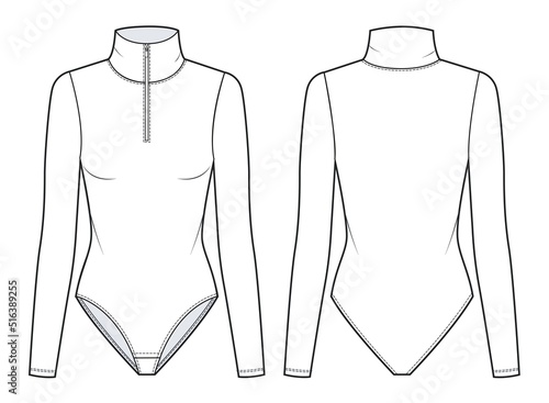 Women`s Bodysuit fashion flat technical drawing template. Long Sleeve zipper up Bodysuit fashion Cad, front and back view, white, mockup.