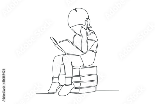 One continuous line drawing of student little girl reading the book and sit on the pile of book. Back to school concept. Single line draw design vector graphic illustration.