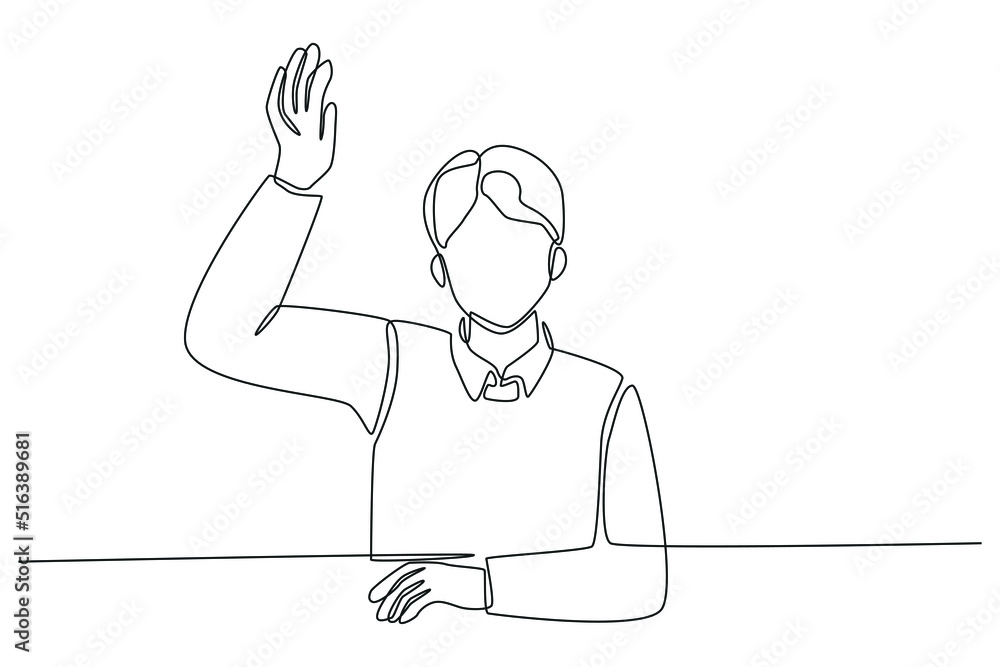 One continuous line drawing of boy student raising his arm to answer teacher's question during class in the classroom. Back to school concept. Single line draw design vector graphic illustration. One continuous line drawing of boy student raising his arm to answer teacher's question during class in the classroom. Back to school concept. Single line draw design vector graphic illustration.