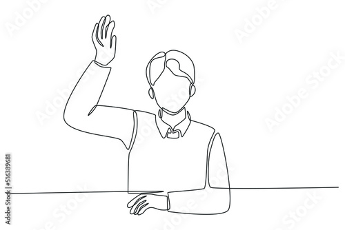 One continuous line drawing of boy student raising his arm to answer teacher's question during class in the classroom. Back to school concept. Single line draw design vector graphic illustration.