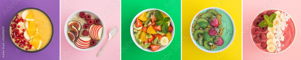 Collage of breakfast, lunch and snack on the colored background. Top view of smoothie, fruit salad and oatmeal.