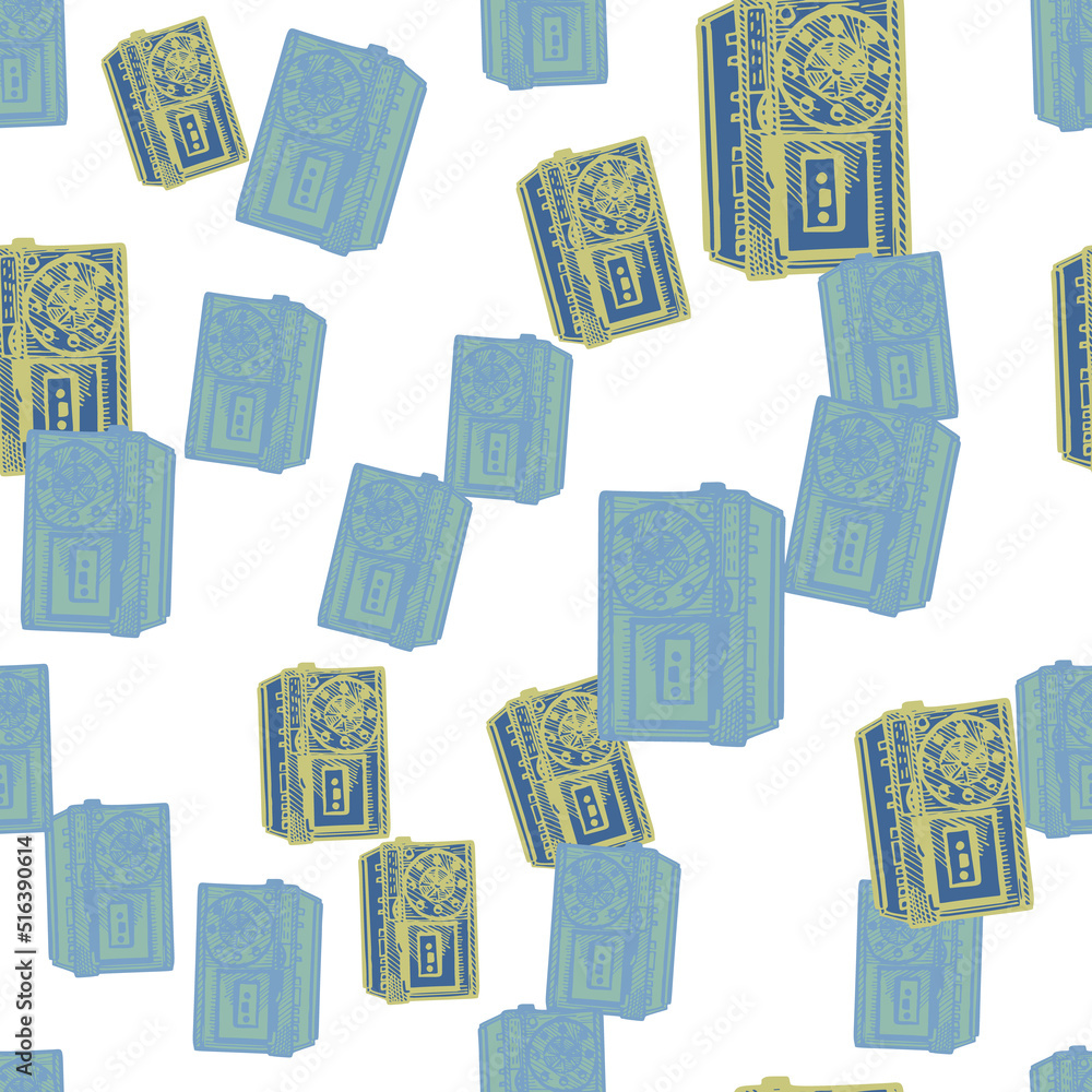 Retro radio engraved seamless pattern. Vintage media equipment in hand drawn style. Sketch old device.