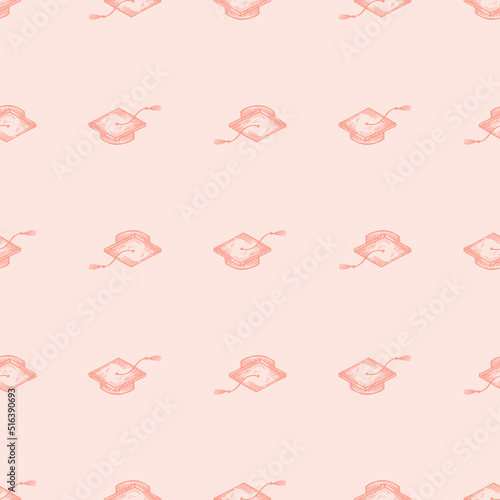 Graduate hats engraved seamless pattern. Vintage element education in hand drawn style.