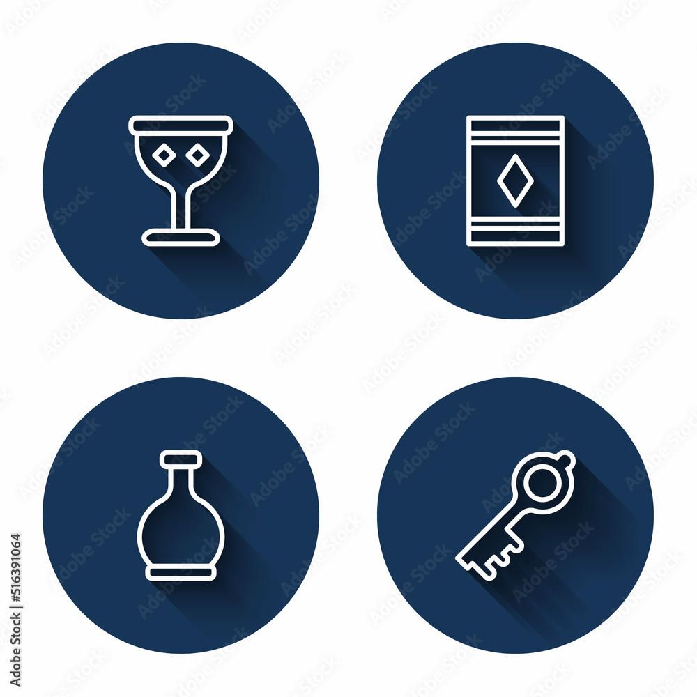 Set line Medieval goblet, Magic carpet, Bottle with potion and Old magic key with long shadow. Blue circle button. Vector Set line Medieval goblet, Magic carpet, Bottle with potion and Old magic key with long shadow. Blue circle button. Vector