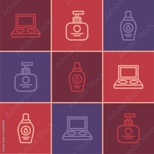 Set line Eye shadow palette with brush, Bottle of shampoo and Tube hand cream icon. Vector