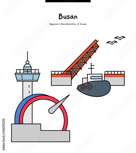 This illustration shows Yeongdo Bridge and Taejongdae, the landmarks of Busan.