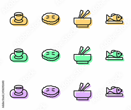 Set line Asian noodles in bowl, Soy sauce, Homemade pie and Served fish on plate icon. Vector