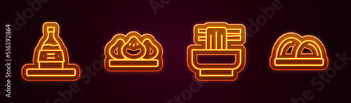Set line Bottle of sake, Dumpling, Asian noodles bowl and Sushi. Glowing neon icon. Vector