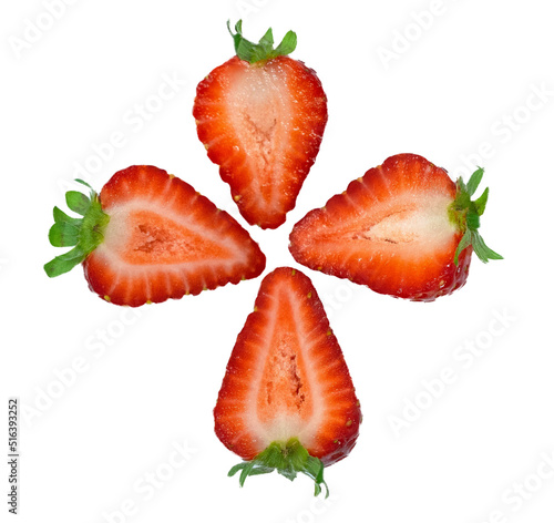 Strawberries group sliced with stem on white background