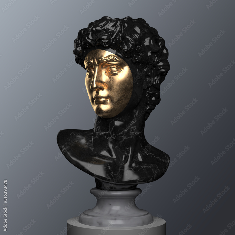 Abstract illustration from 3D rendering of a black marble bust of male classical sculpture with golden face cutout on a pedestal and isolated on gray background. Abstract illustration from 3D rendering of a black marble bust of male classical sculpture with golden face cutout on a pedestal and isolated on gray background.