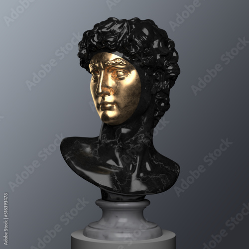 Abstract illustration from 3D rendering of a black marble bust of male classical sculpture with golden face cutout on a pedestal and isolated on gray background.
