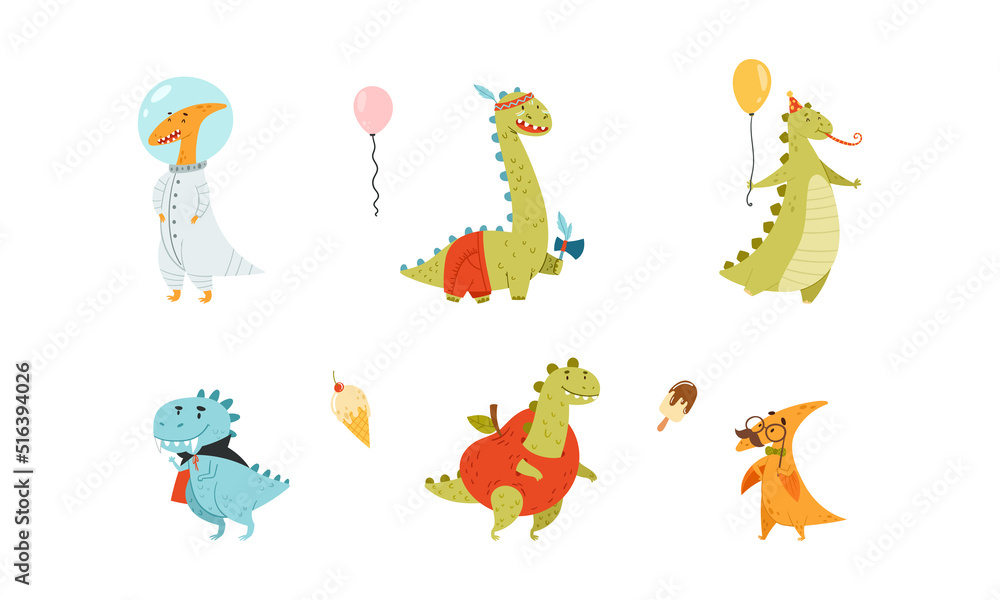 Sweet funny baby dinosaurs set. Cute prints for nursery, t-shirt, kids apparel, party design cartoon vector illustration Sweet funny baby dinosaurs set. Cute prints for nursery, t-shirt, kids apparel, party design cartoon vector illustration