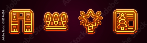 Set line Winter scarf, Christmas lights, star and postcard. Glowing neon icon. Vector