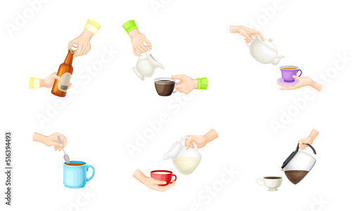 Hands holding cups of drinks set. Hand with bottle of beer, mugs of coffee, tea, milk vector illustration is