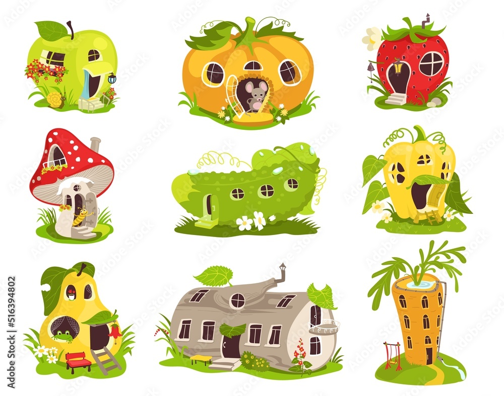Obraz premium Cartoon fantasy houses. Fairy tales magical homes. Little dwellings. Fruits or vegetables with doors and windows. Imaginary small characters cottages. Fantastic huts. Splendid vector set