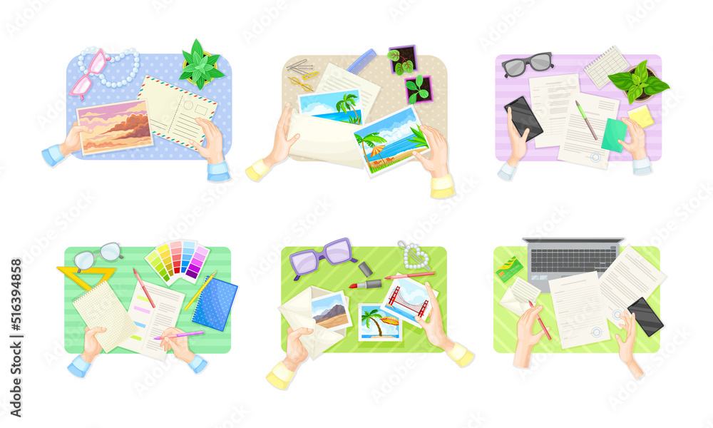 View from above of hands signing document, choosing colors from palette and sending postcards set vector illustration